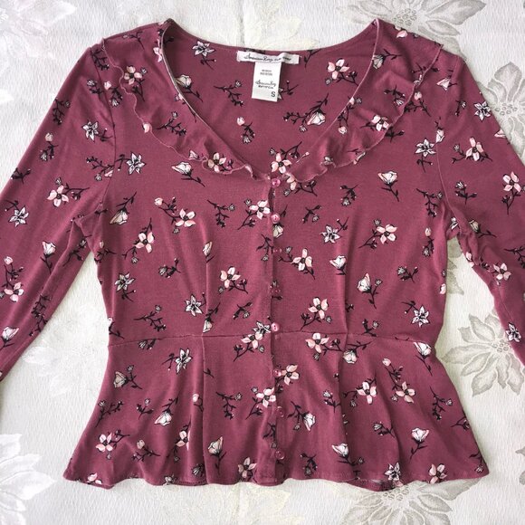 American Rag Floral Peplum Button Down Blouse Bell Sleeve Ruffle Top S - Picture 2 of 14